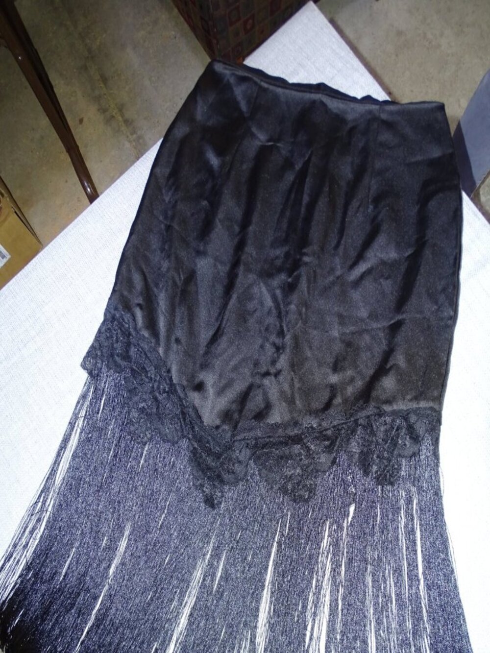Nasty Gal Collection Black Satin Lace Fringe Midi Skirt Size 8
